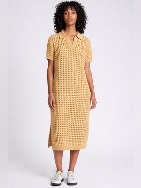 Dressed In LaLa Soul Stuff Open Stitch Knit Dress Collared Midi Coverup Tan NWT